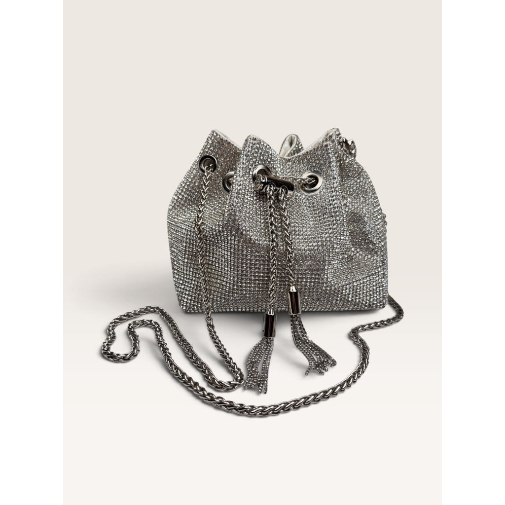 Rhinestone Crystal Bucket Pouch Mini Crossbody Evening Handbag Silver