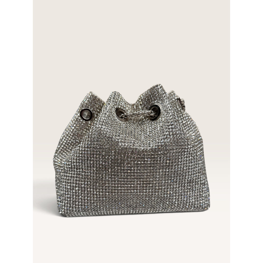 Rhinestone Crystal Bucket Pouch Mini Crossbody Evening Handbag Silver