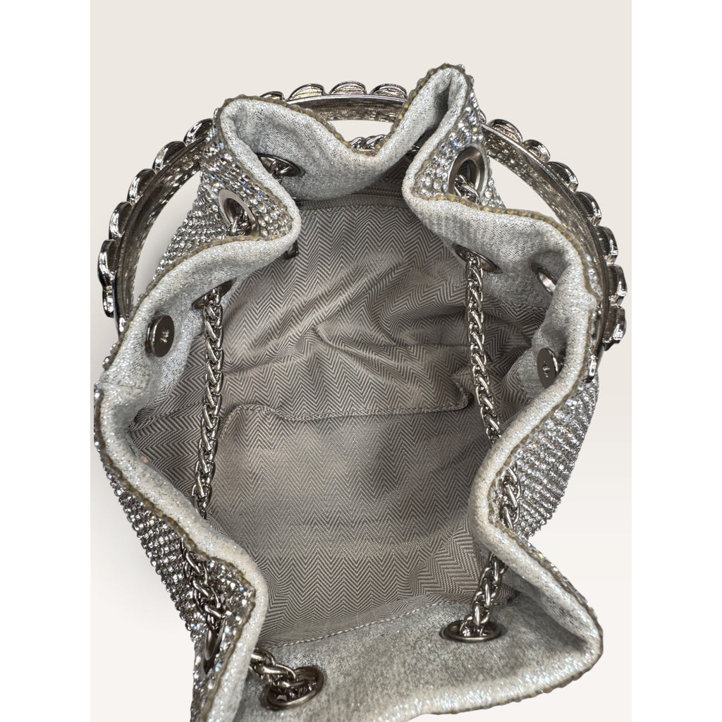 Rhinestone Crystal Bucket Pouch Mini Crossbody Evening Handbag Silver