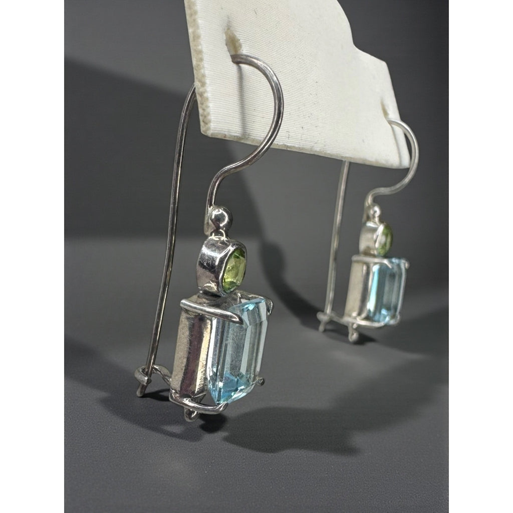 Sterling Silver Blue Topaz Peridot Dangle Earrings Modernist Y2K Vintage 925