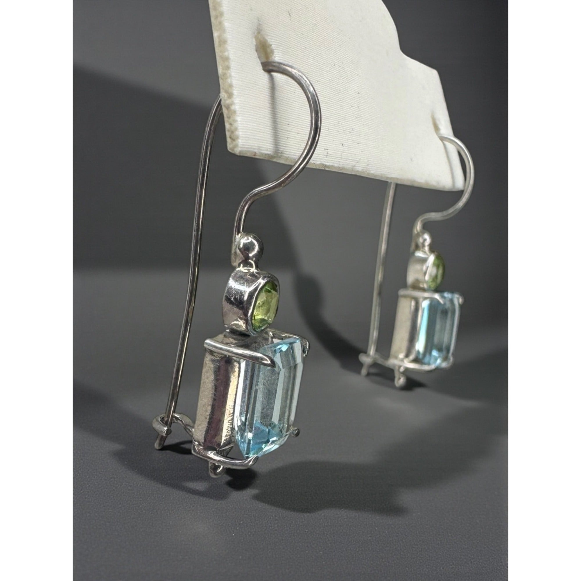 Sterling Silver Blue Topaz Peridot Dangle Earrings Modernist Y2K Vintage 925