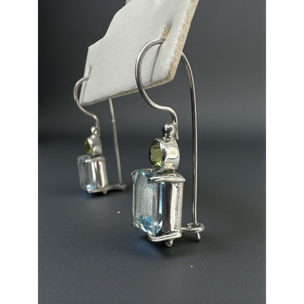 Sterling Silver Blue Topaz Peridot Dangle Earrings Modernist Y2K Vintage 925