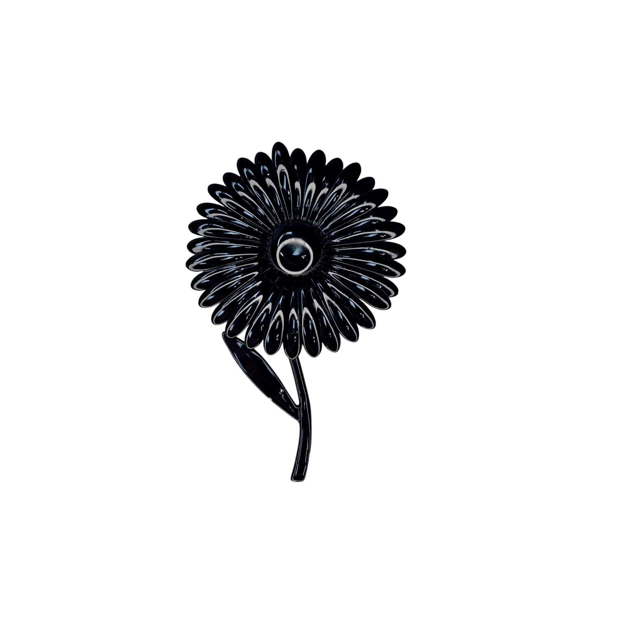 Vintage Black Enamel Daisy Flower Brooch Stem Design Large 1970s