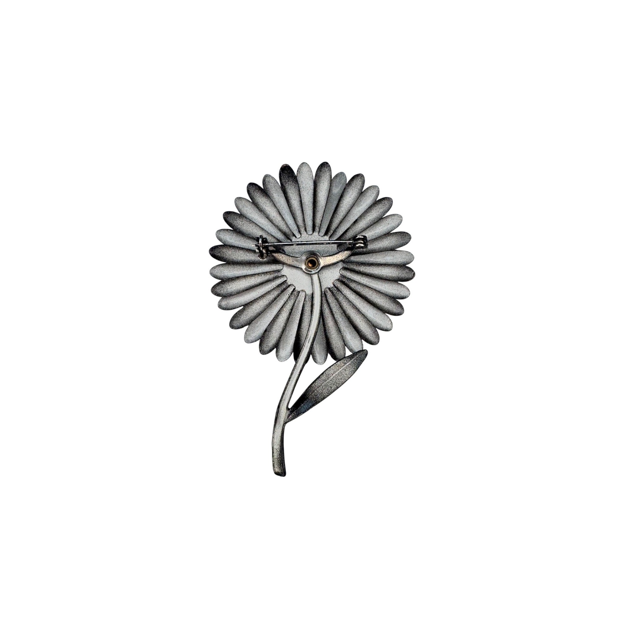 Vintage Black Enamel Daisy Flower Brooch Stem Design Large 1970s