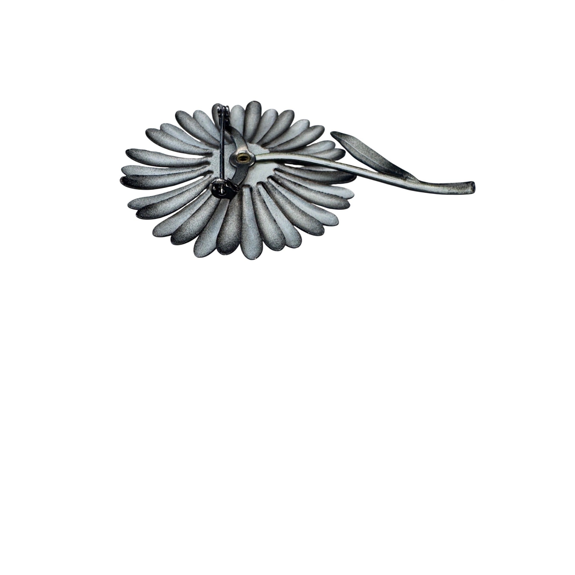 Vintage Black Enamel Daisy Flower Brooch Stem Design Large 1970s