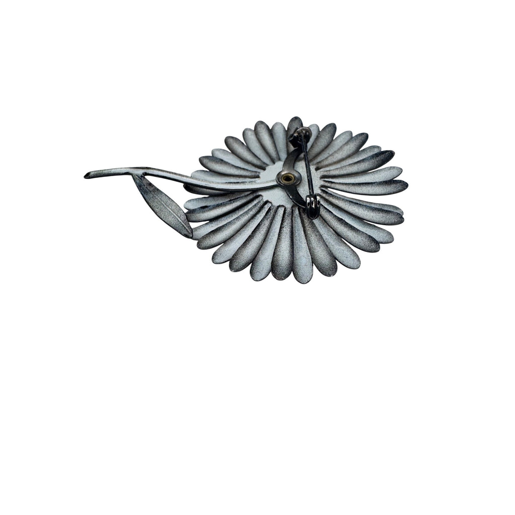 Vintage Black Enamel Daisy Flower Brooch Stem Design Large 1970s