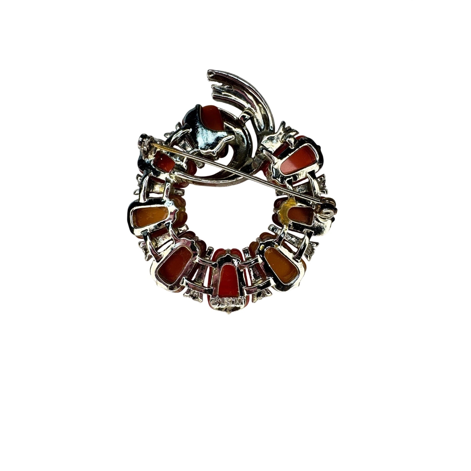 Lisner Thermoset Lucite Wreath Brooch Orange Red Silver Tone 1960s Vintage