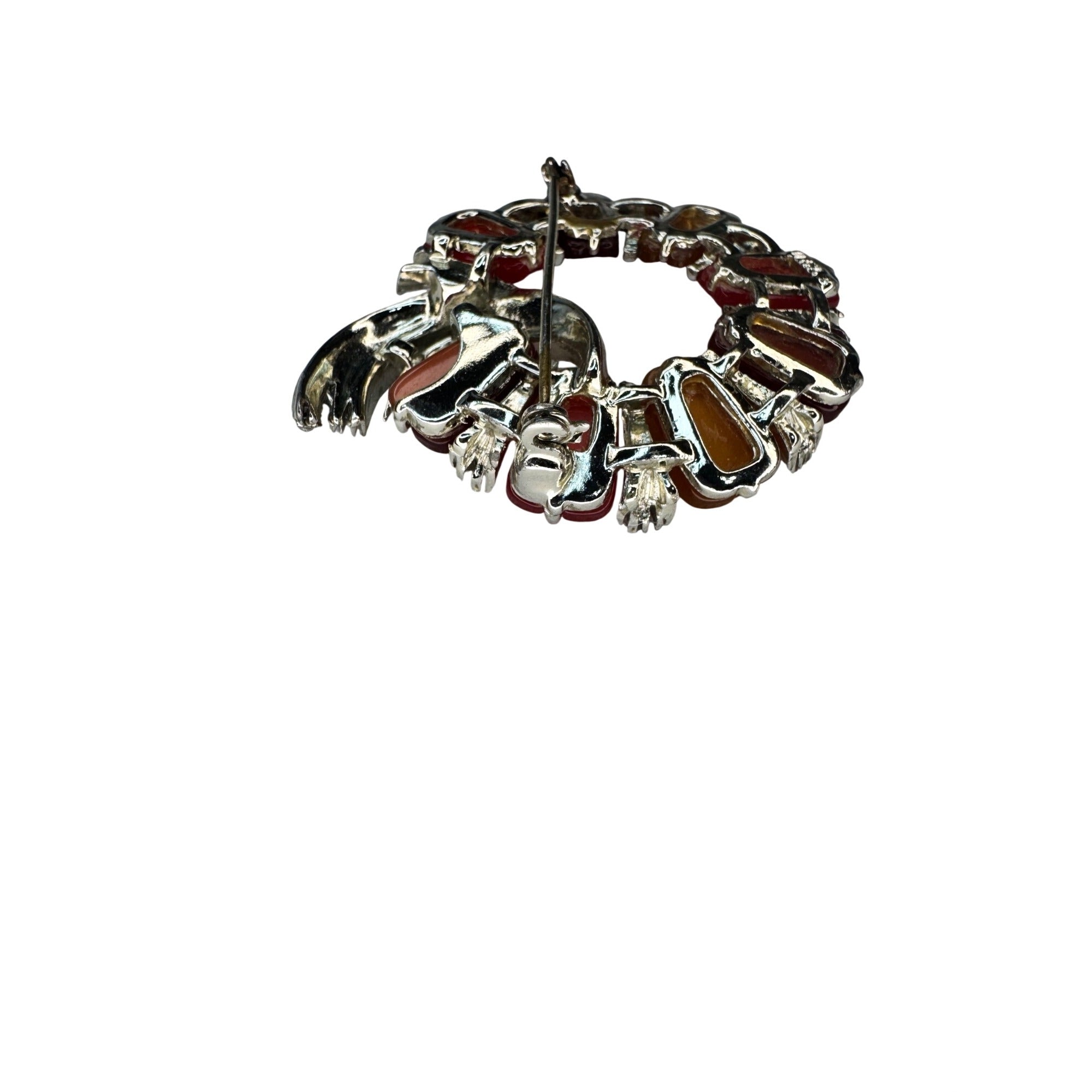 Lisner Thermoset Lucite Wreath Brooch Orange Red Silver Tone 1960s Vintage
