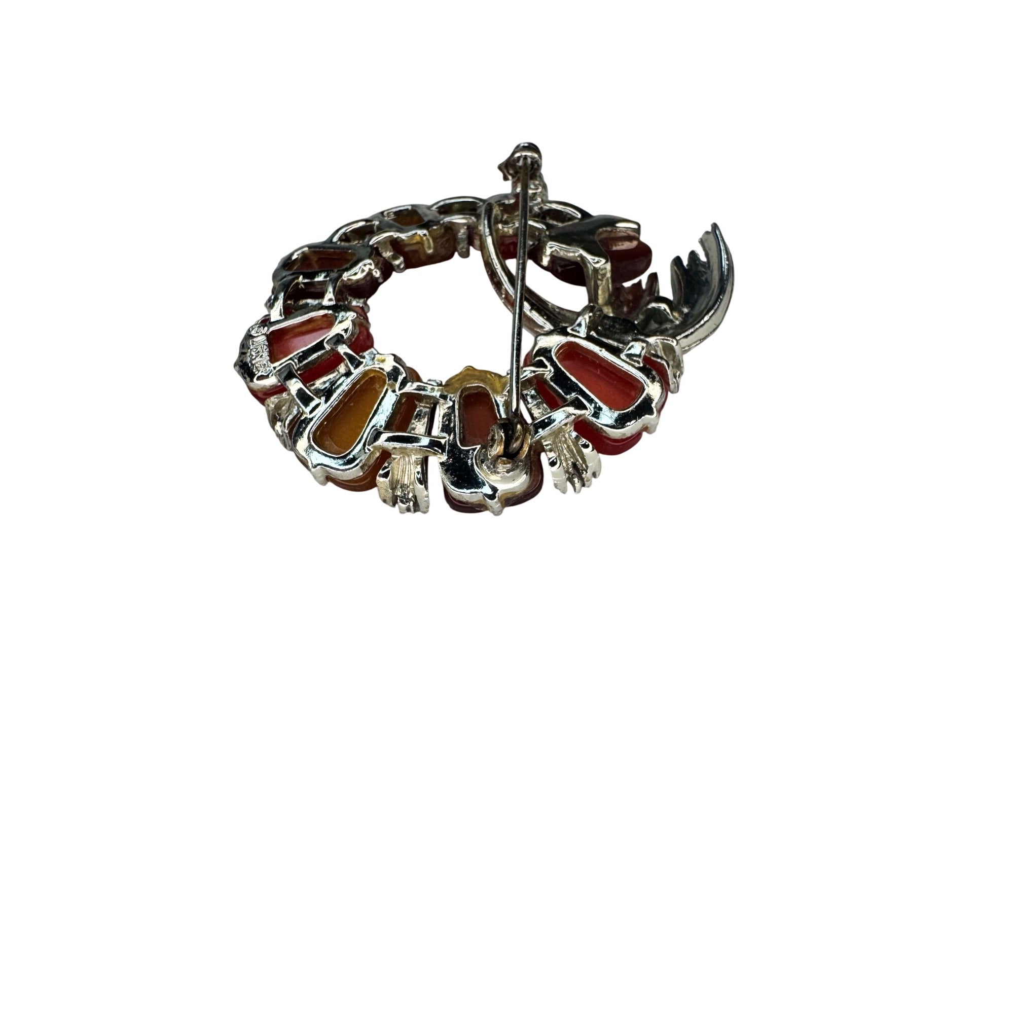 Lisner Thermoset Lucite Wreath Brooch Orange Red Silver Tone 1960s Vintage