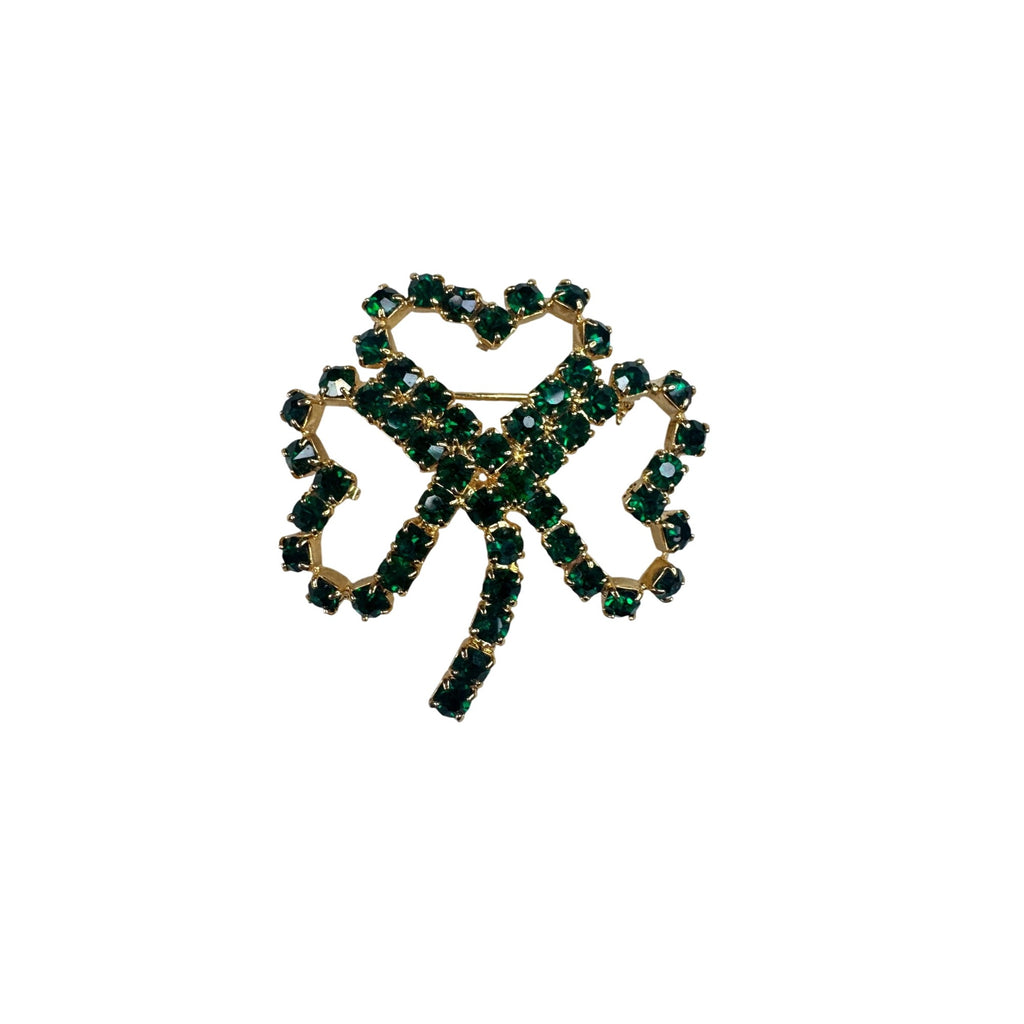 Green Crystal Rhinestone Three Leaf Clover Brooch Gold Tone 1980s Vintage