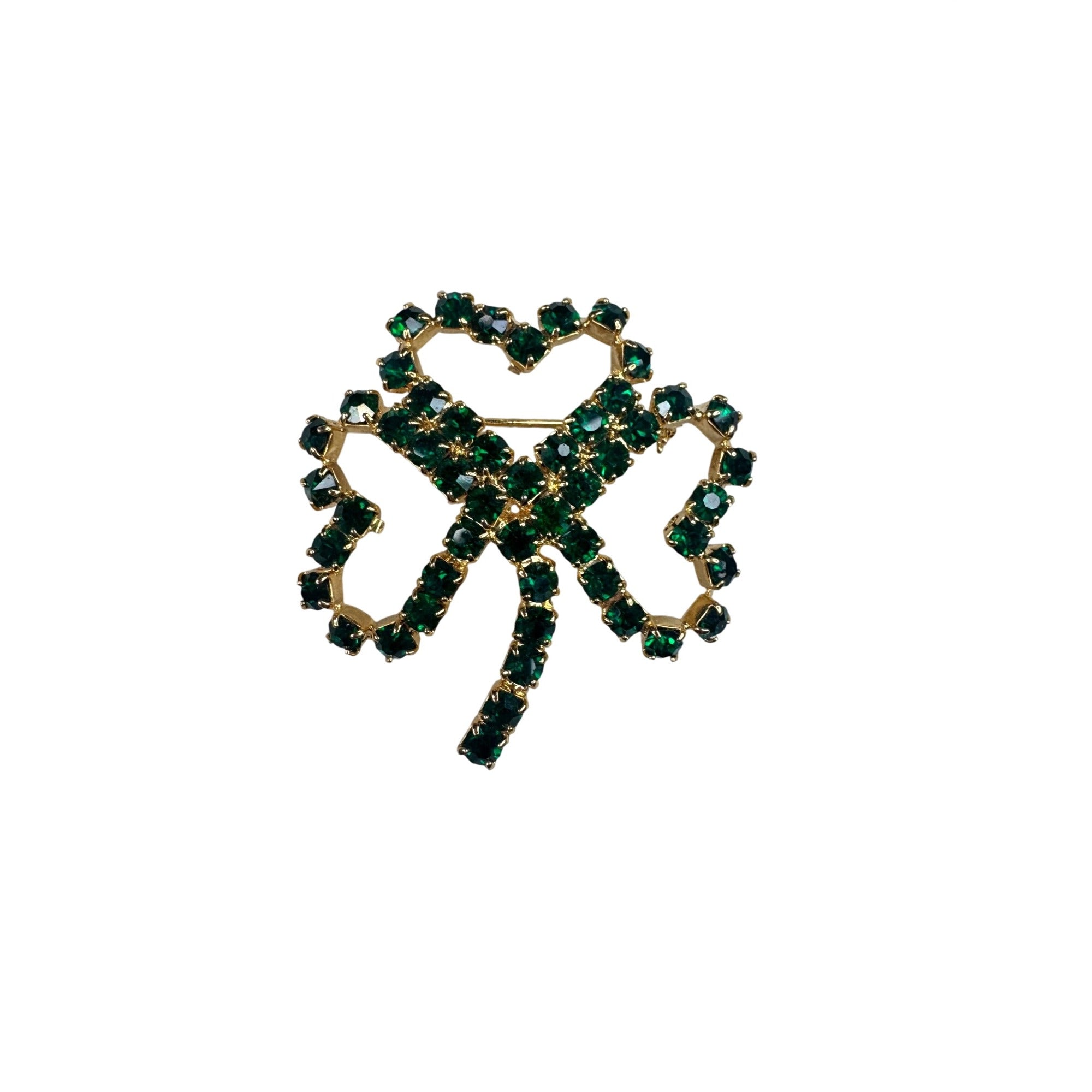 Green Crystal Rhinestone Three Leaf Clover Brooch Gold Tone 1980s Vintage