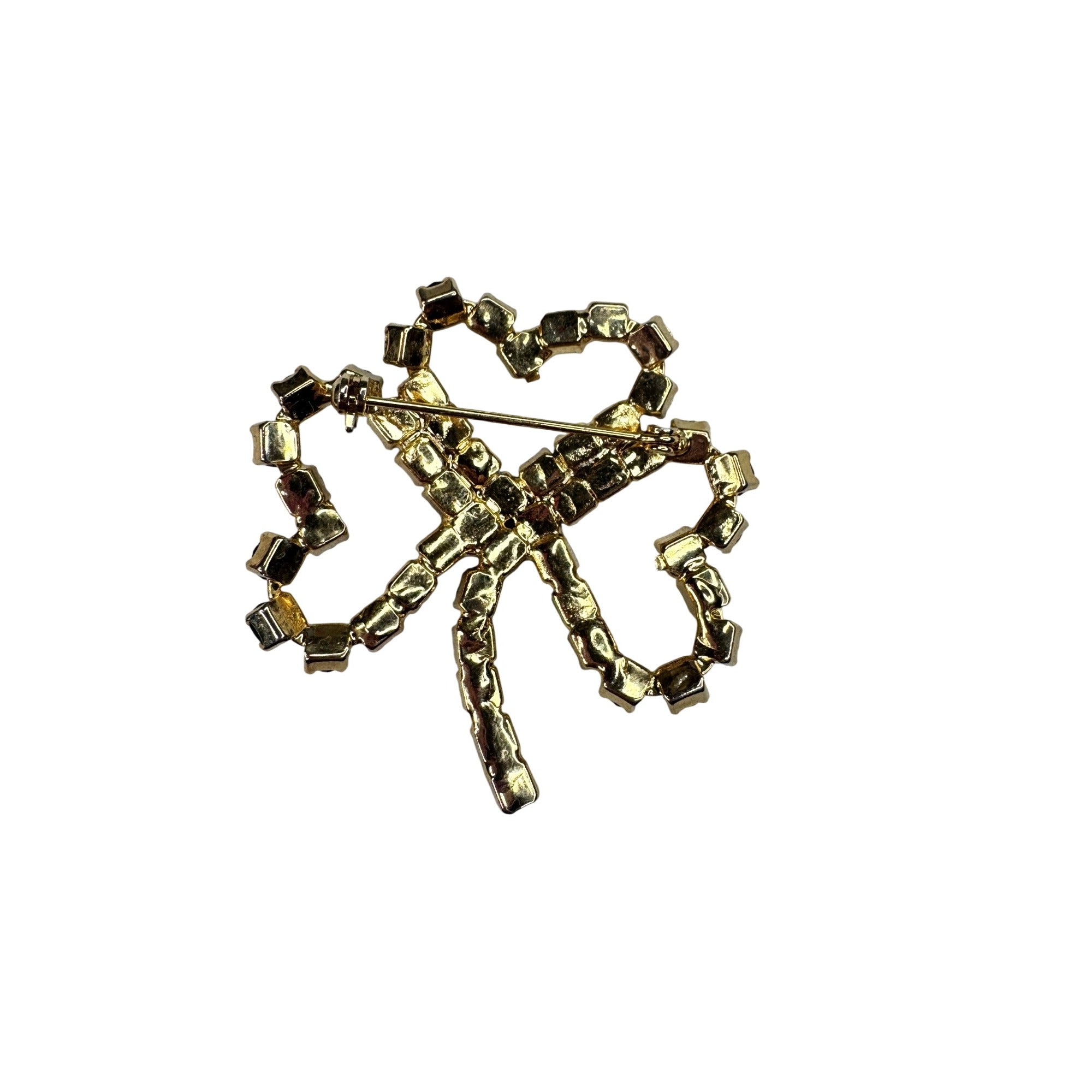 Green Crystal Rhinestone Three Leaf Clover Brooch Gold Tone 1980s Vintage