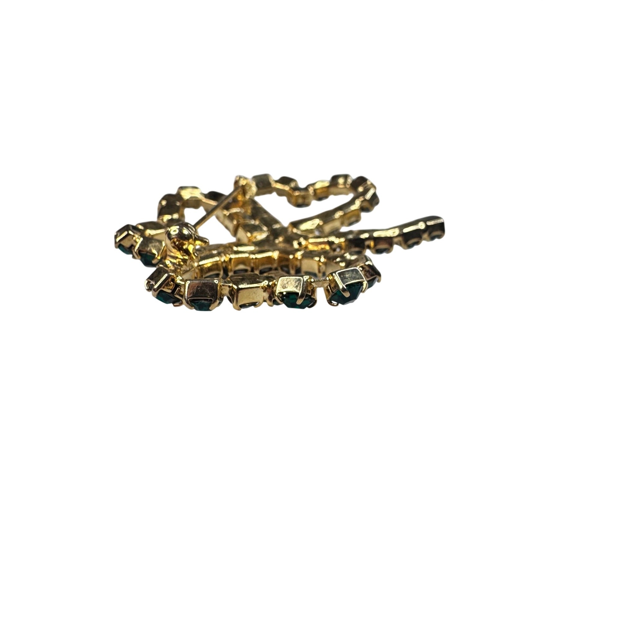 Green Crystal Rhinestone Three Leaf Clover Brooch Gold Tone 1980s Vintage