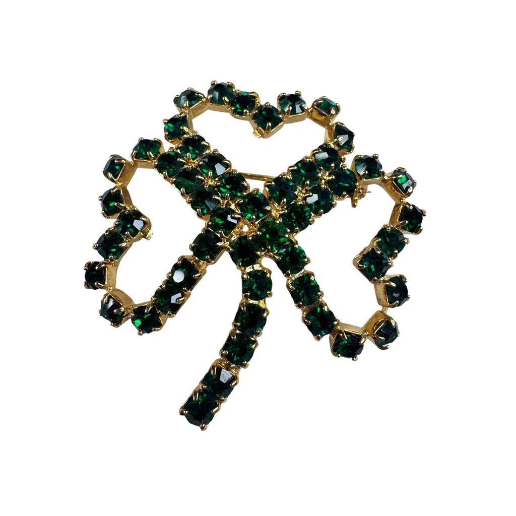 Green Crystal Rhinestone Three Leaf Clover Brooch Gold Tone 1980s Vintage