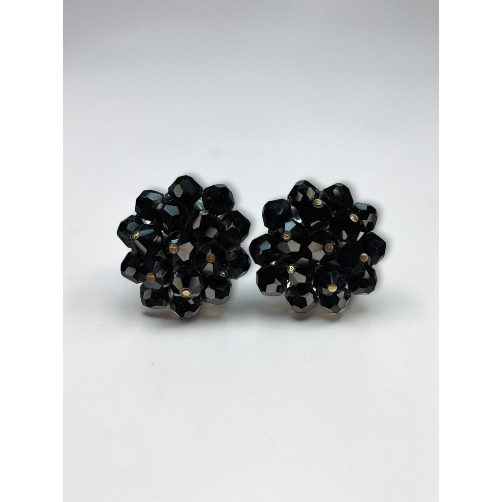 Laguna Black Faceted Crystal Cluster Clip On Earrings Silver Tone 1960s Vintage