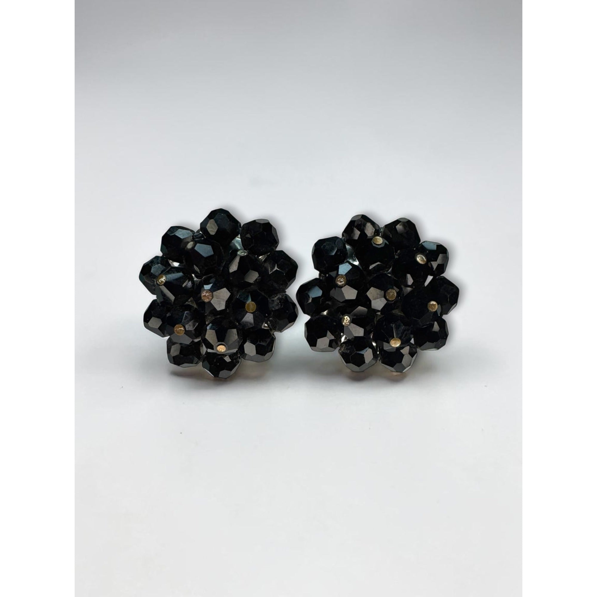 Laguna Black Faceted Crystal Cluster Clip On Earrings Silver Tone 1960s Vintage