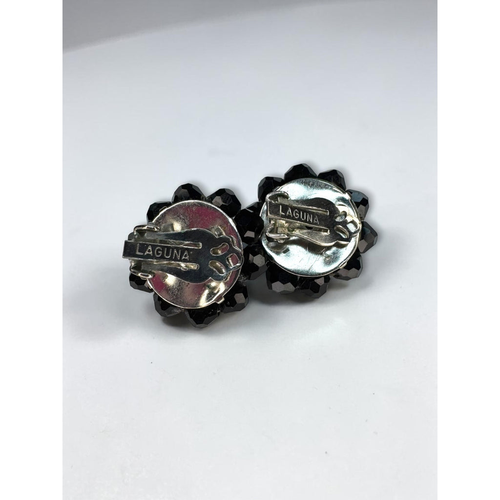 Laguna Black Faceted Crystal Cluster Clip On Earrings Silver Tone 1960s Vintage