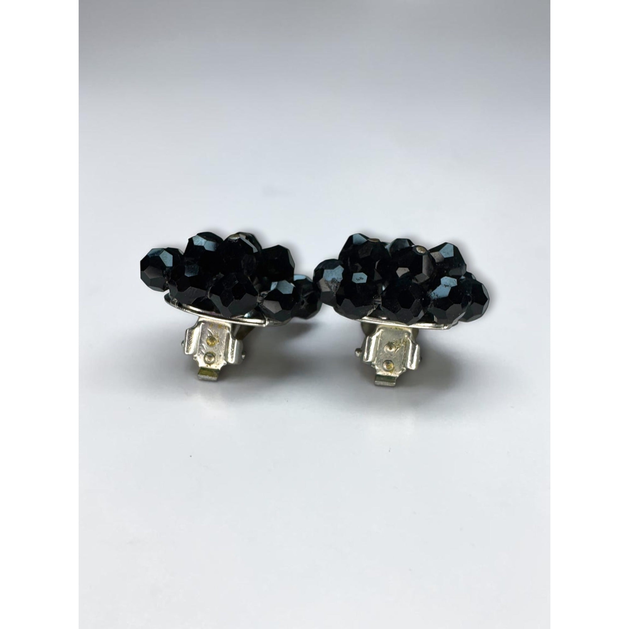Laguna Black Faceted Crystal Cluster Clip On Earrings Silver Tone 1960s Vintage