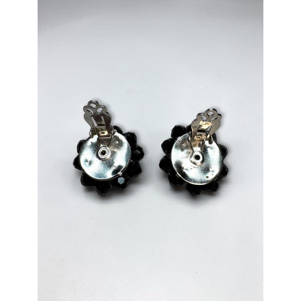 Laguna Black Faceted Crystal Cluster Clip On Earrings Silver Tone 1960s Vintage