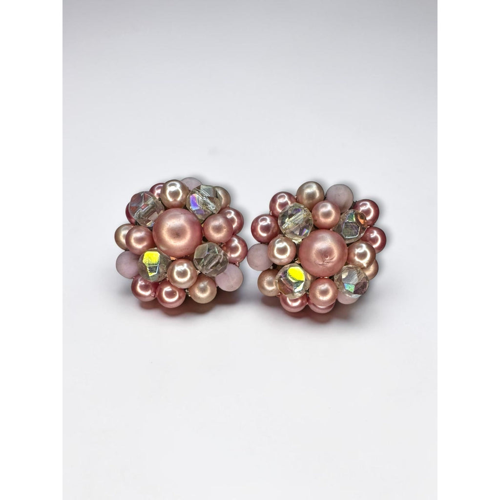 Japan Pink Faux Pearl AB Crystal Cluster Clip On Earrings 1960s Vintage