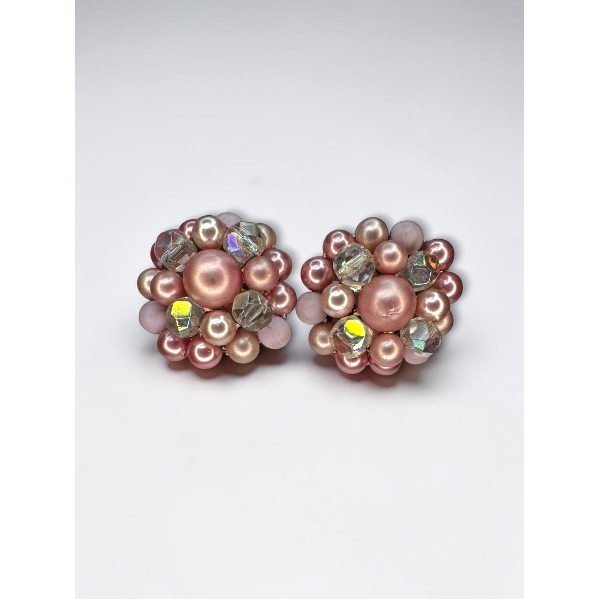 Japan Pink Faux Pearl AB Crystal Cluster Clip On Earrings 1960s Vintage