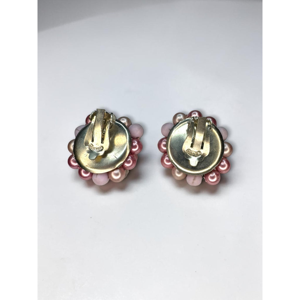 Japan Pink Faux Pearl AB Crystal Cluster Clip On Earrings 1960s Vintage
