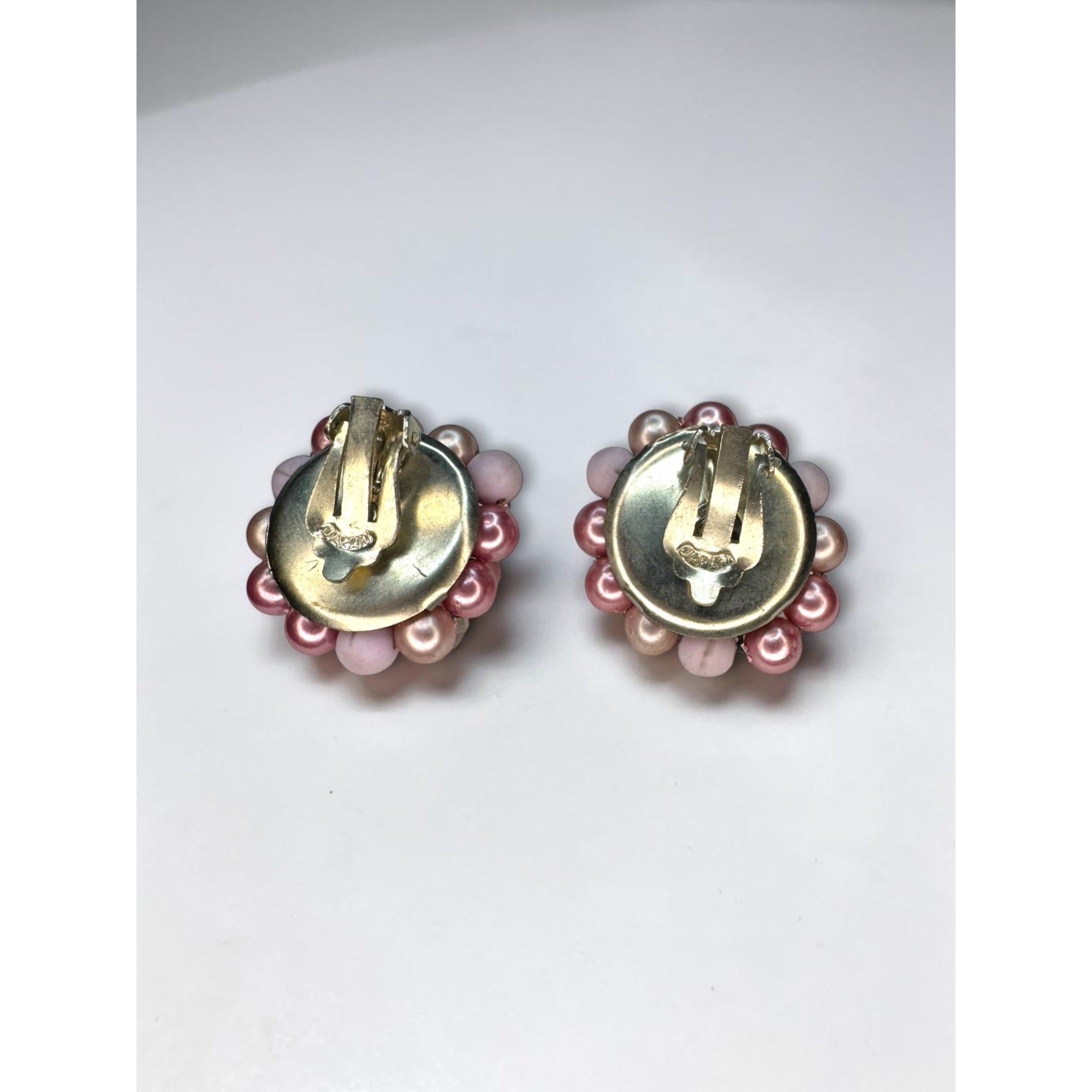 Japan Pink Faux Pearl AB Crystal Cluster Clip On Earrings 1960s Vintage