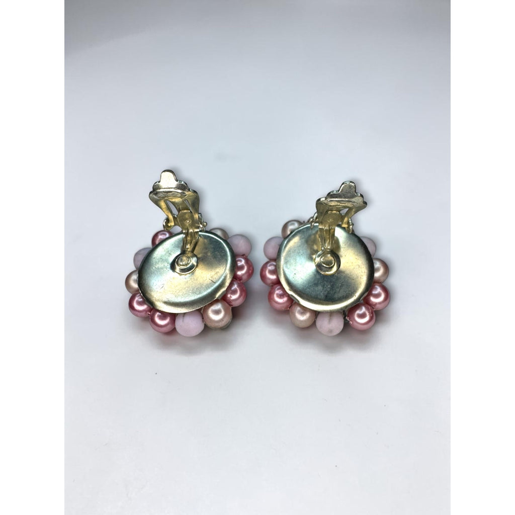 Japan Pink Faux Pearl AB Crystal Cluster Clip On Earrings 1960s Vintage
