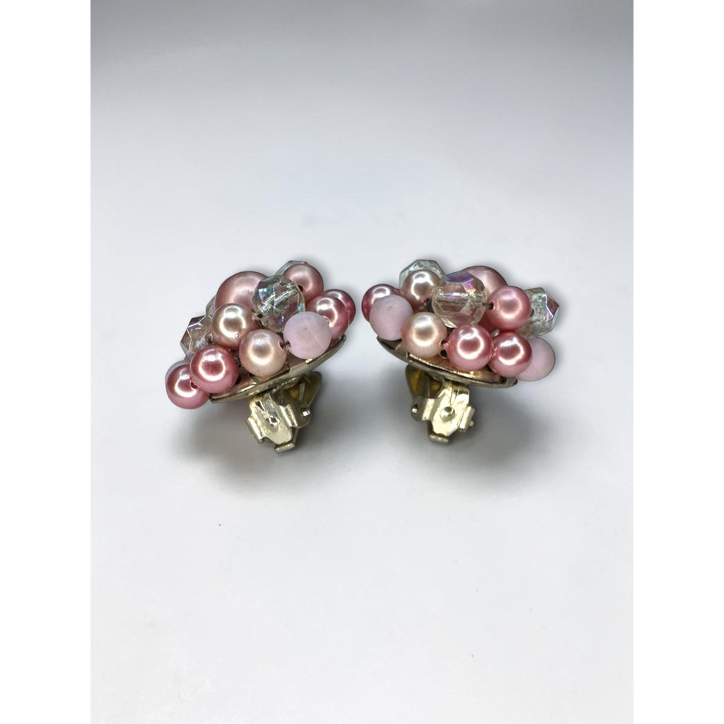 Japan Pink Faux Pearl AB Crystal Cluster Clip On Earrings 1960s Vintage