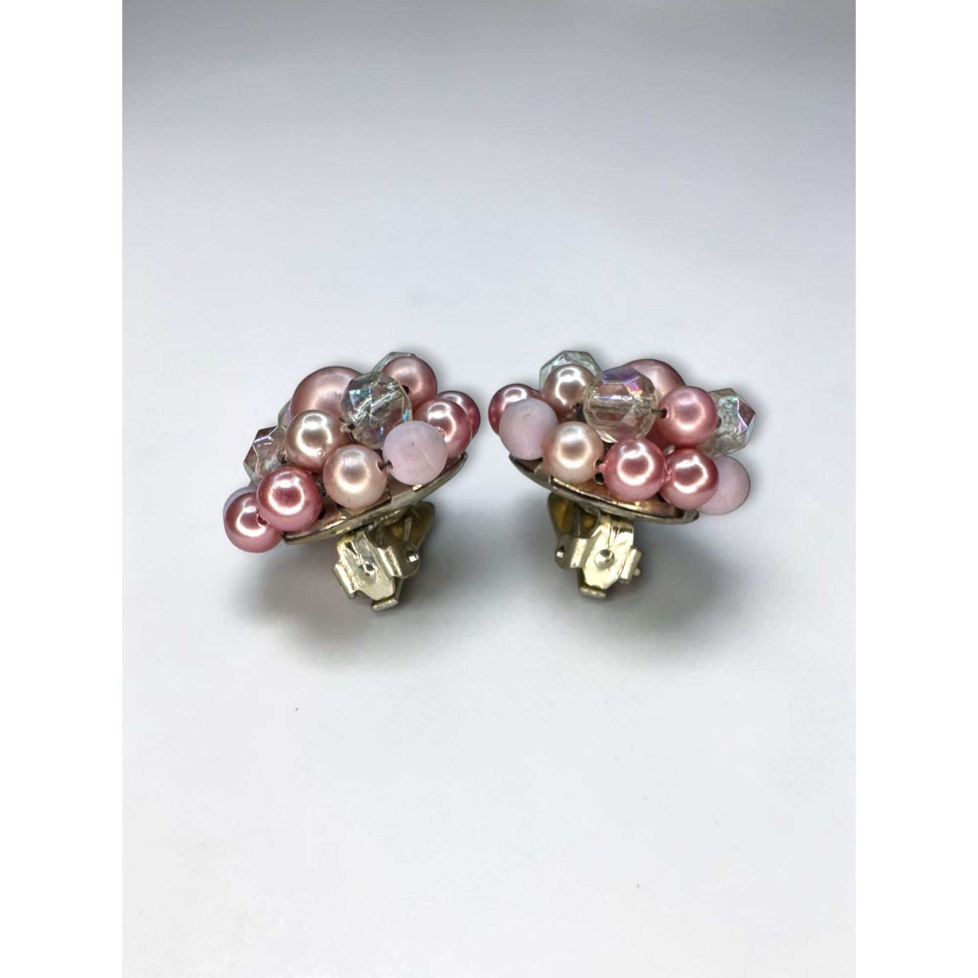 Japan Pink Faux Pearl AB Crystal Cluster Clip On Earrings 1960s Vintage