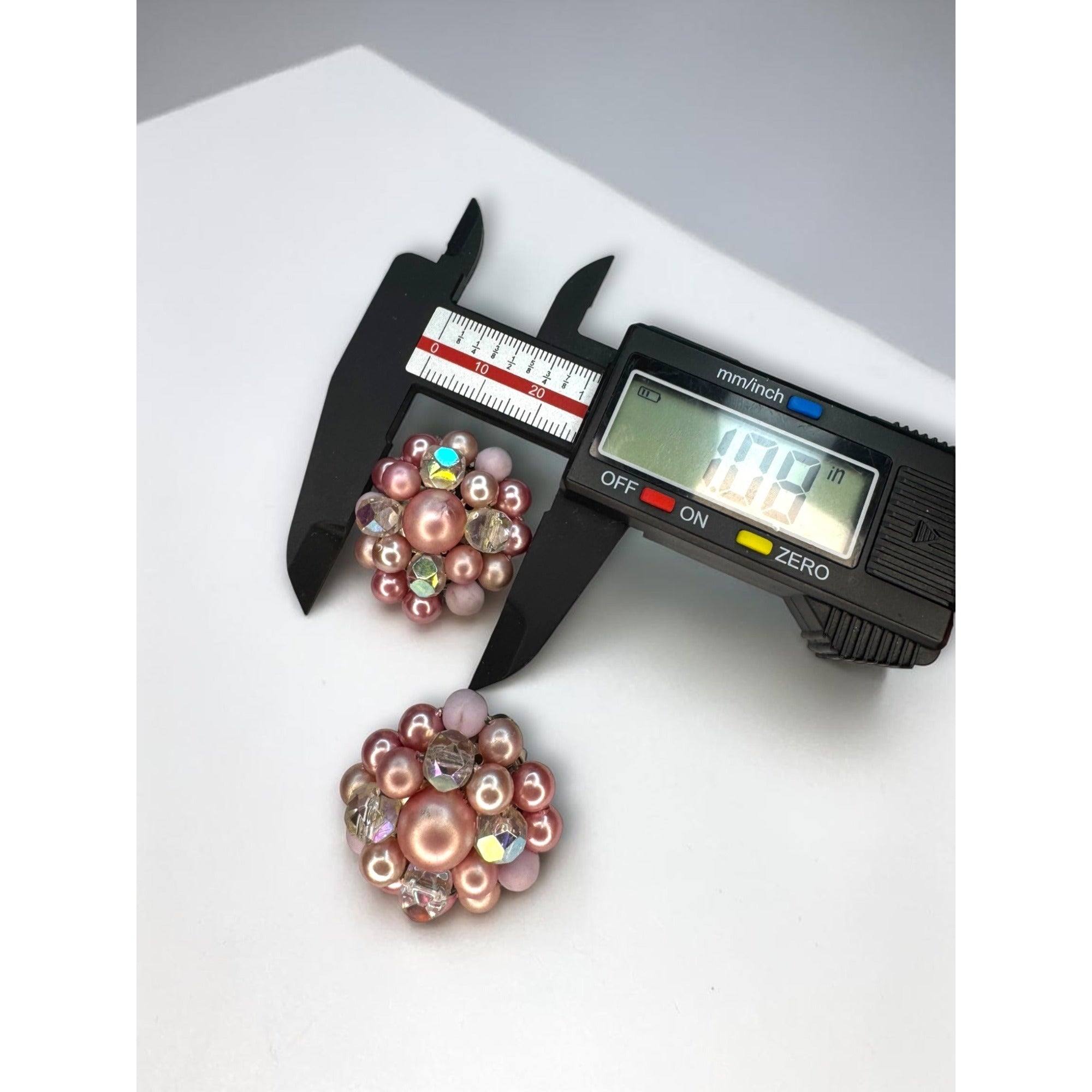 Japan Pink Faux Pearl AB Crystal Cluster Clip On Earrings 1960s Vintage