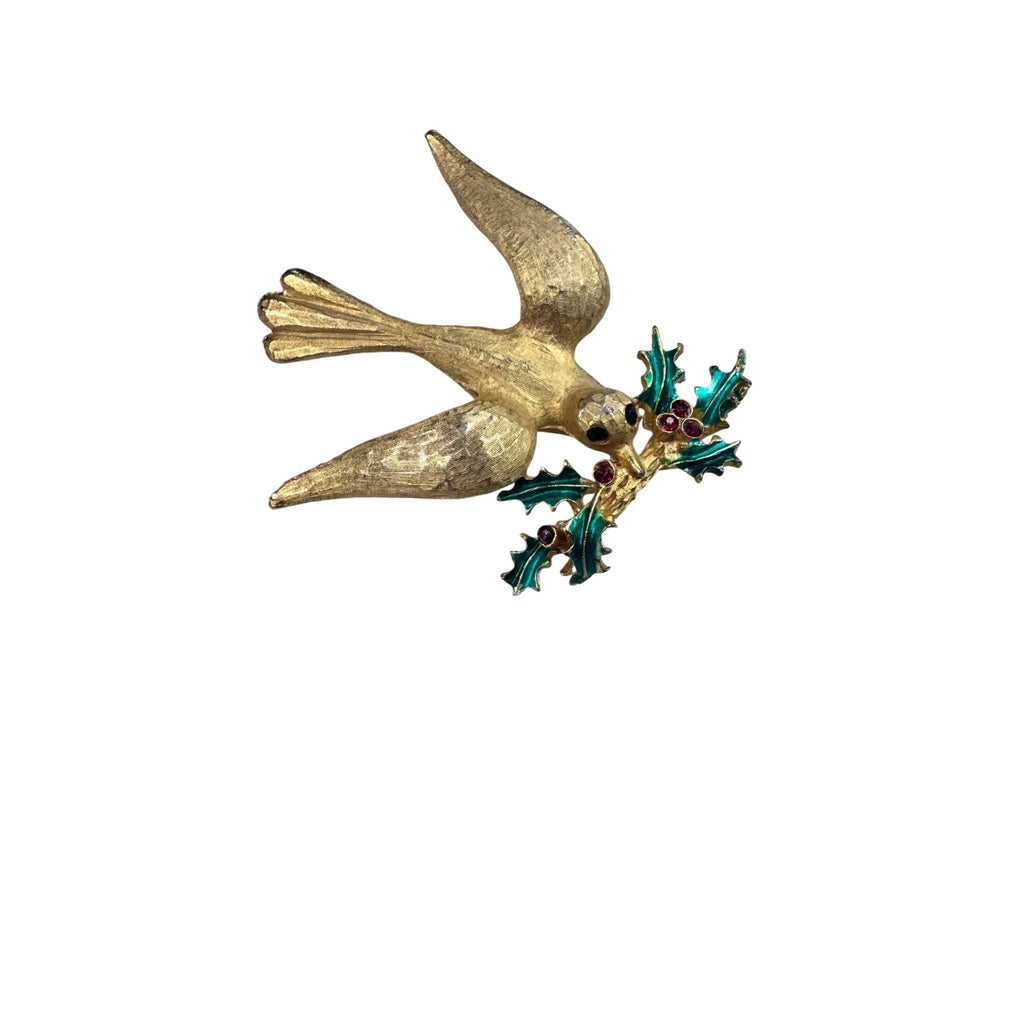 MYLU Bird Brooch Gold Red Crystal Green Enamel 1960s Vintage
