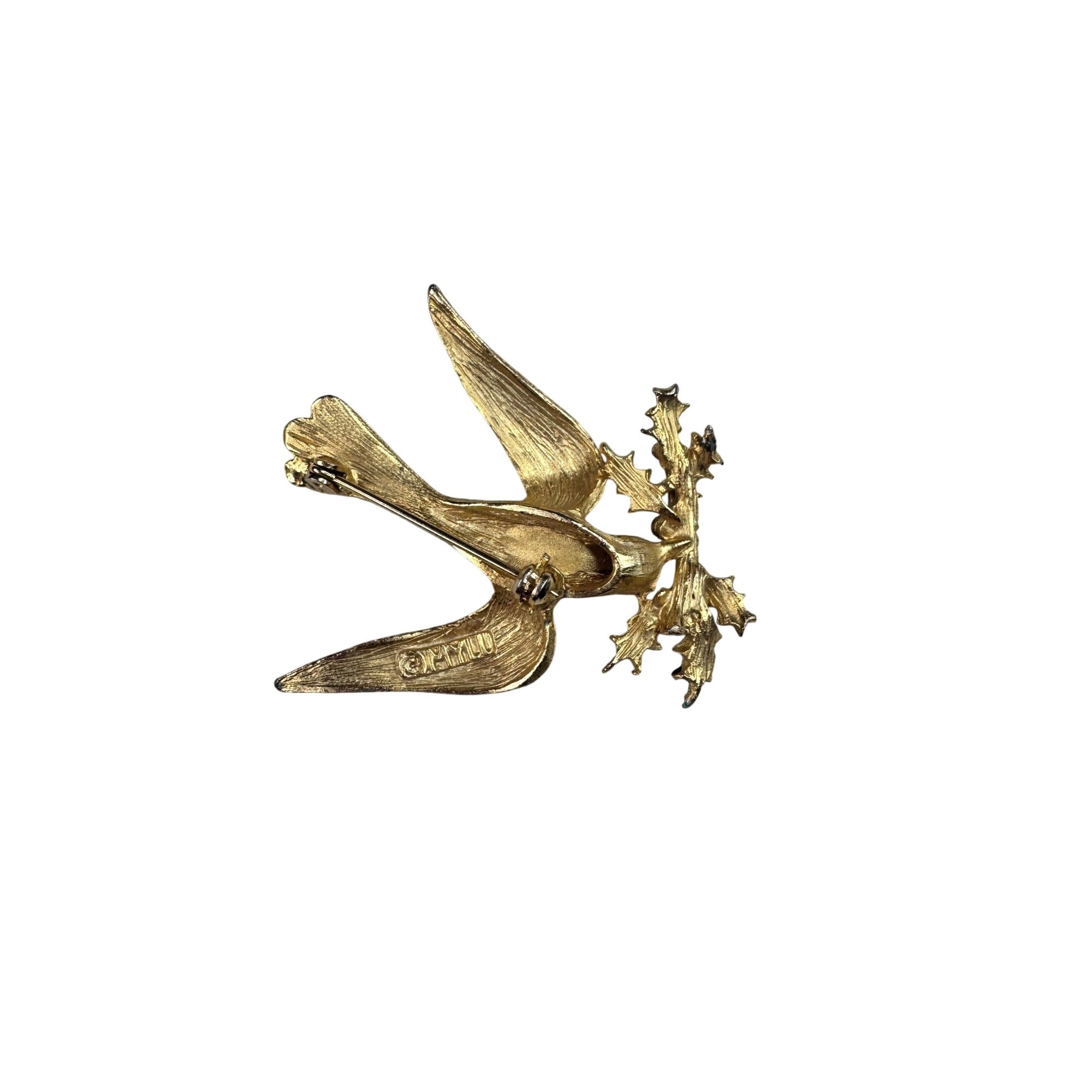 MYLU Bird Brooch Gold Red Crystal Green Enamel 1960s Vintage