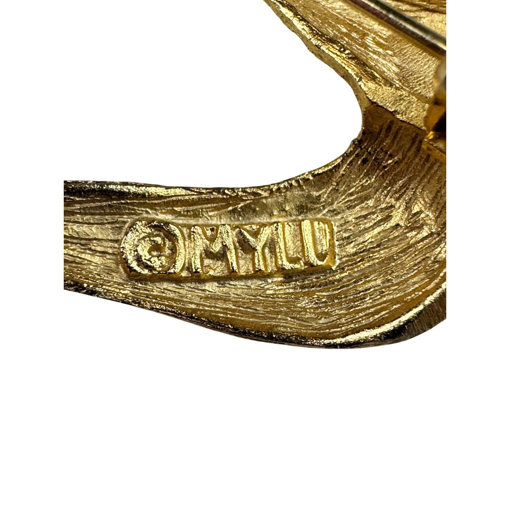 MYLU Bird Brooch Gold Red Crystal Green Enamel 1960s Vintage