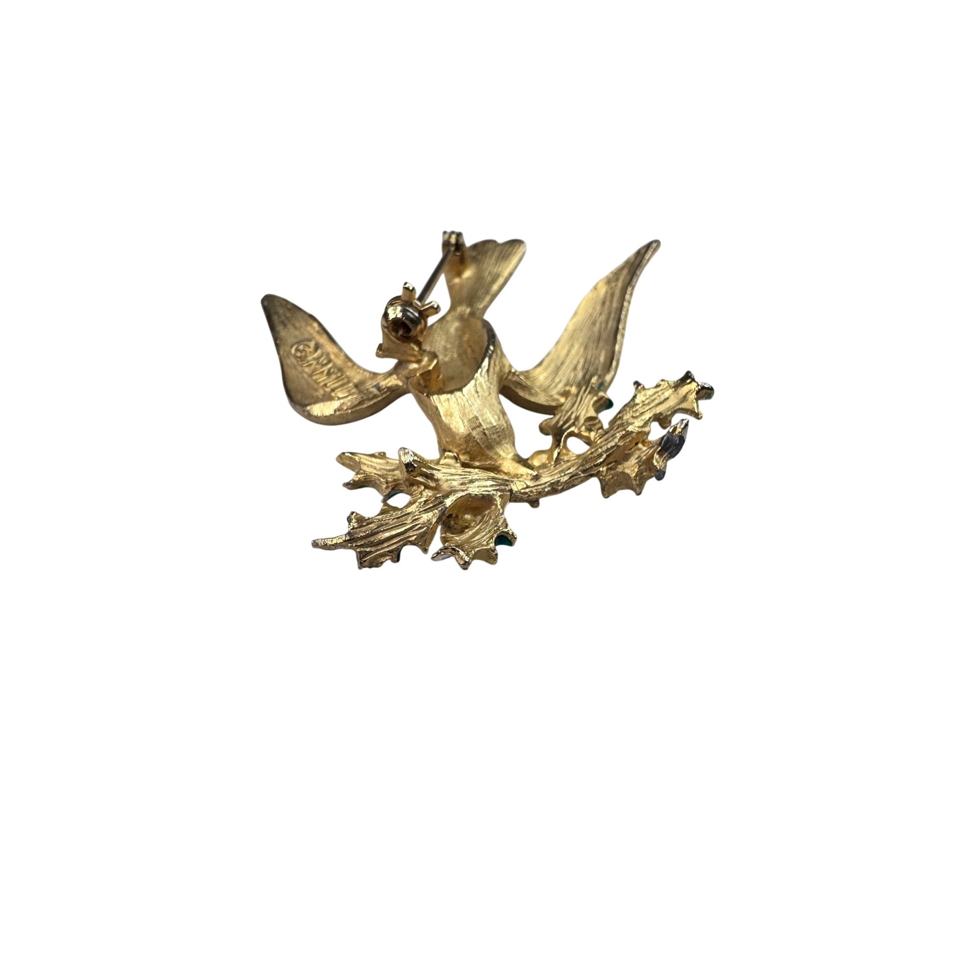 MYLU Bird Brooch Gold Red Crystal Green Enamel 1960s Vintage