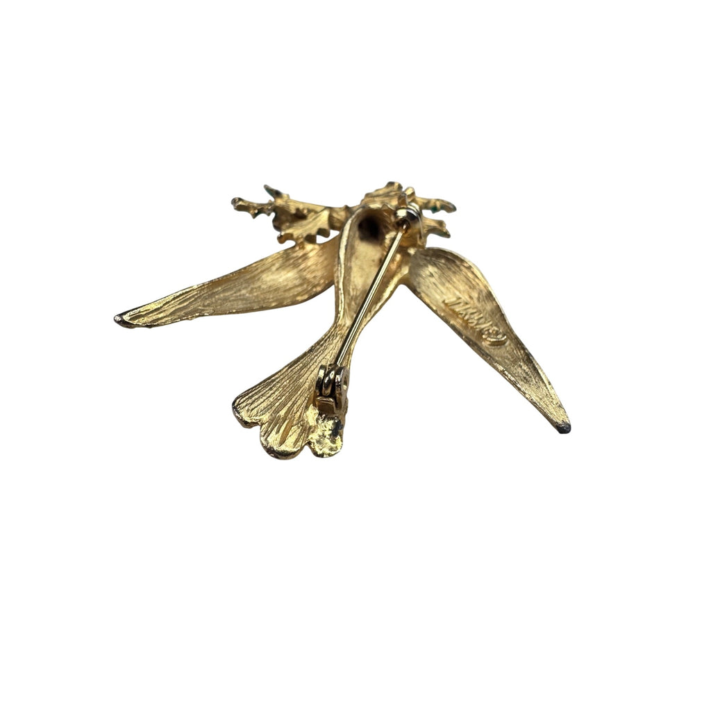 MYLU Bird Brooch Gold Red Crystal Green Enamel 1960s Vintage