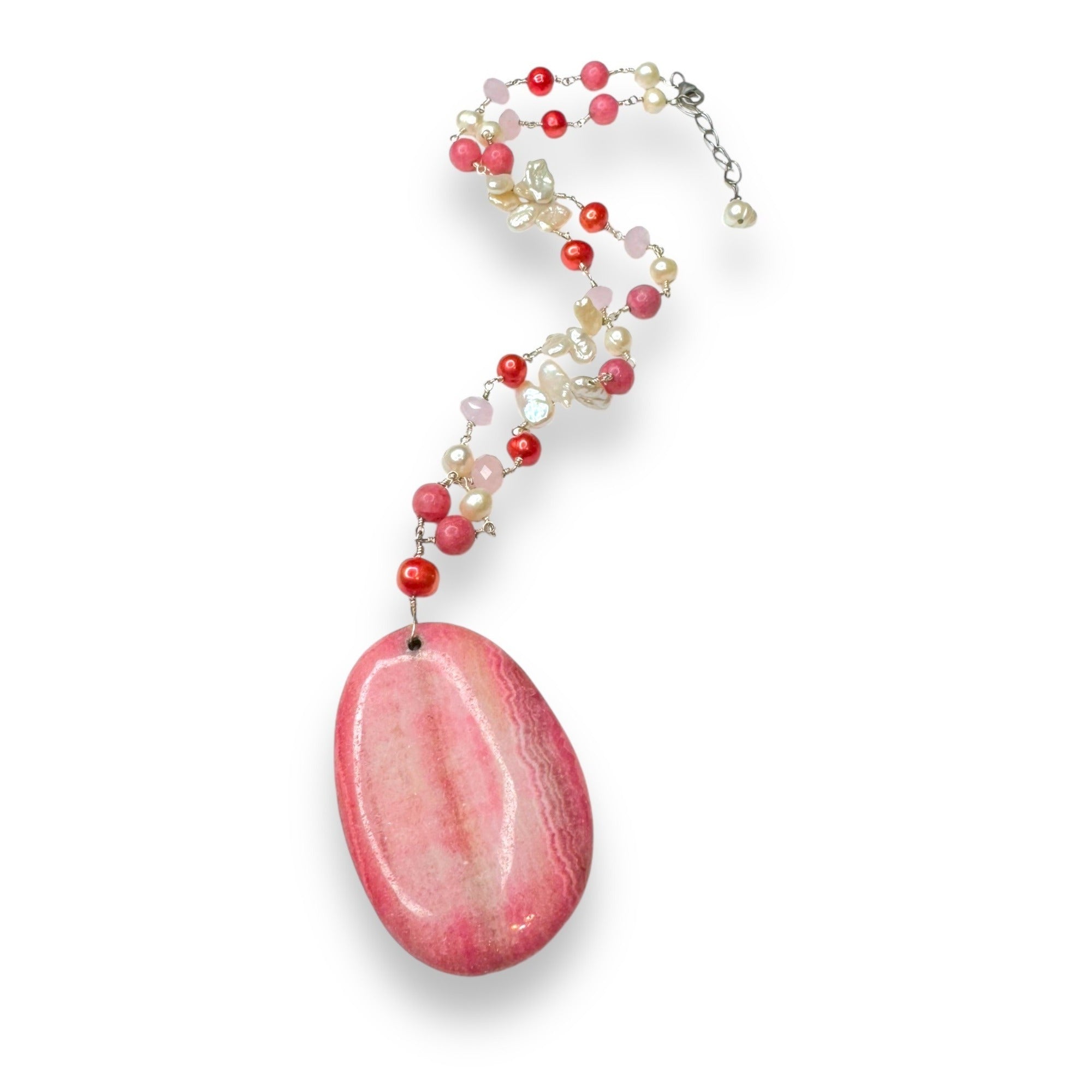 Sterling Silver Rhodochrosite Pendant Necklace Baroque Pearl Pink Beads 19.5–21"