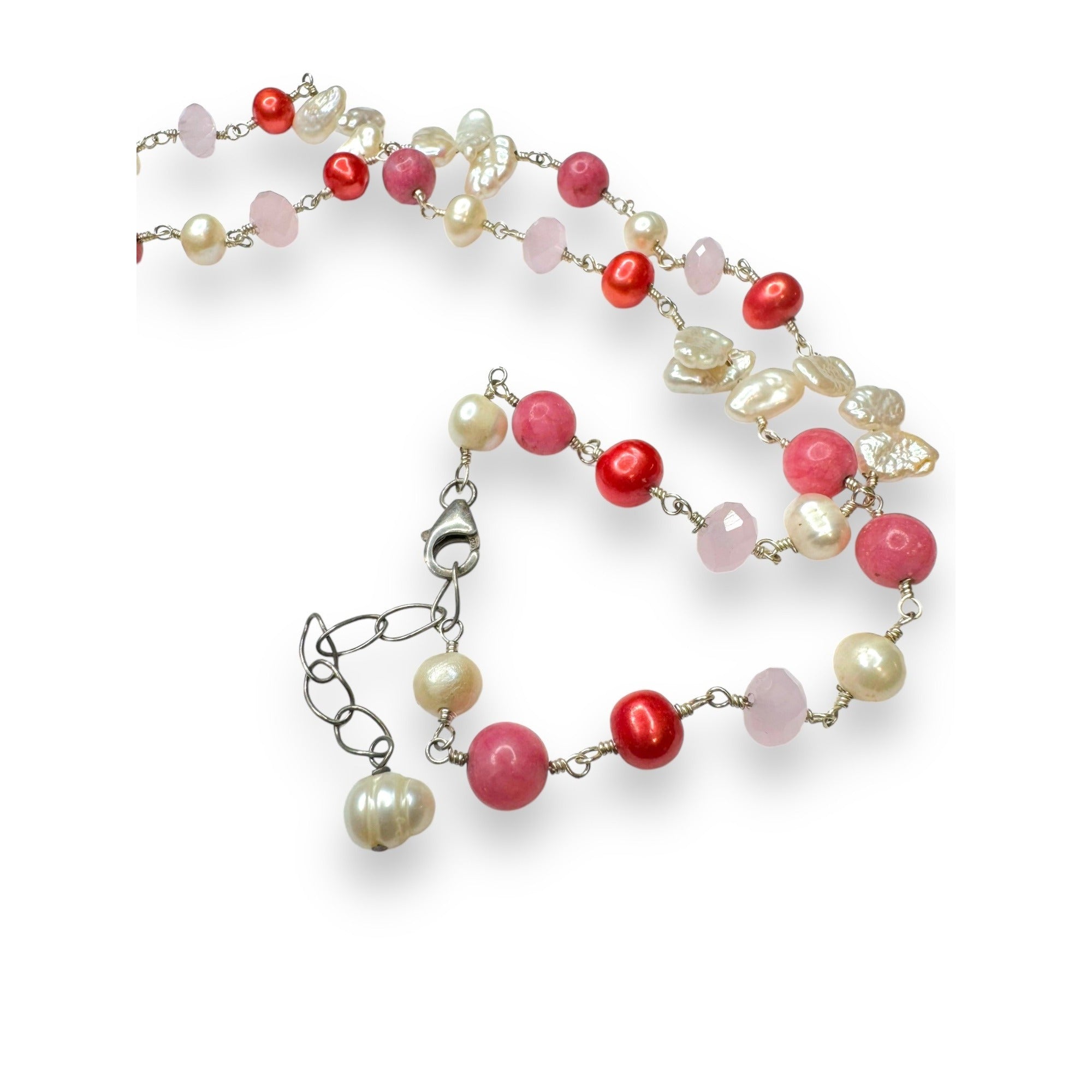 Sterling Silver Rhodochrosite Pendant Necklace Baroque Pearl Pink Beads 19.5–21"