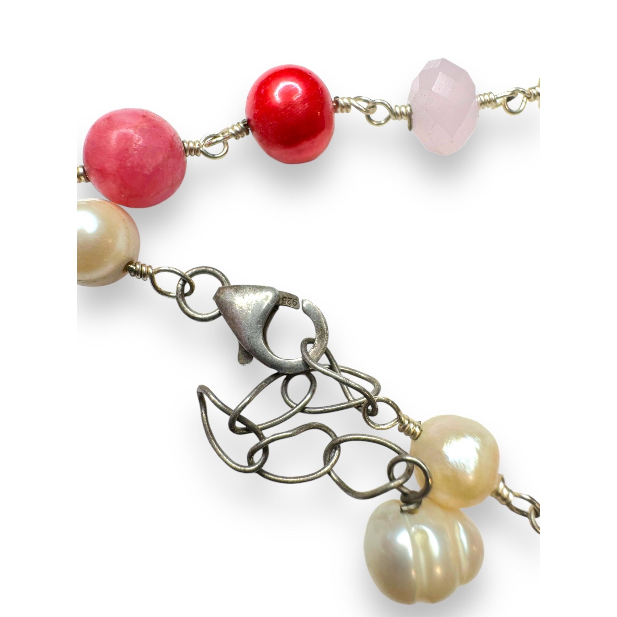 Sterling Silver Rhodochrosite Pendant Necklace Baroque Pearl Pink Beads 19.5–21"