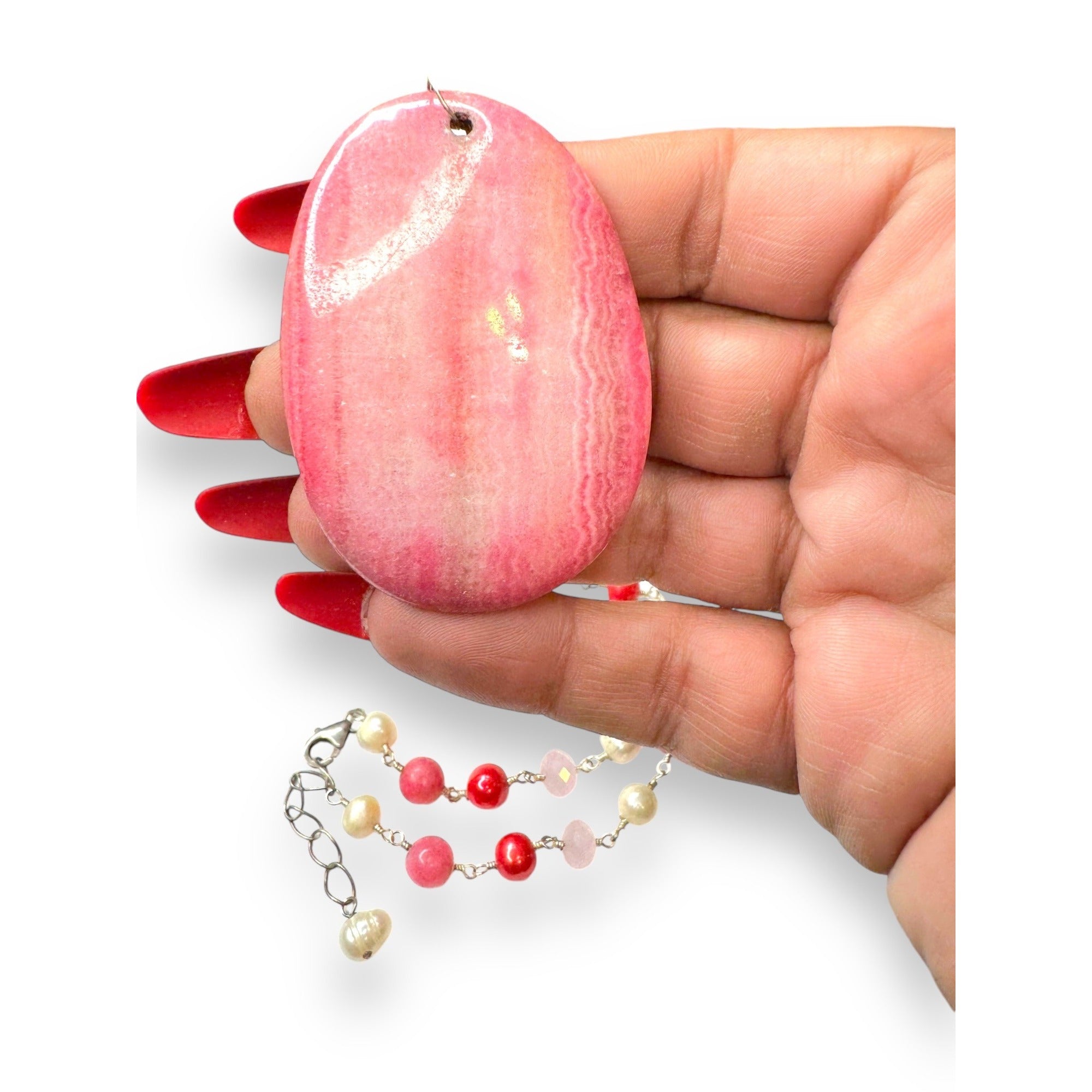 Sterling Silver Rhodochrosite Pendant Necklace Baroque Pearl Pink Beads 19.5–21"