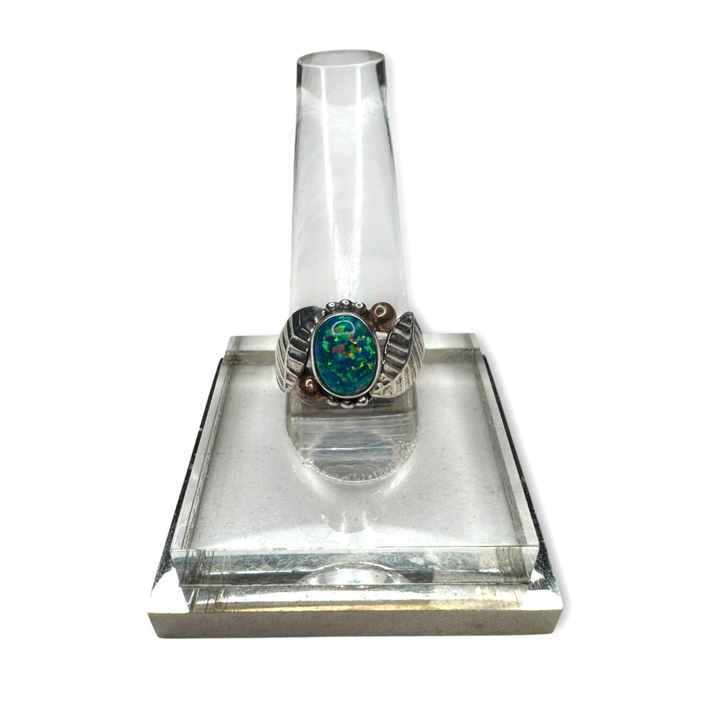 Blue Fire Opal Sterling Silver Ring Oval Bezel Leaf Design Size 7