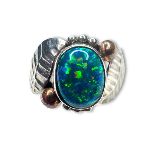 Blue Fire Opal Sterling Silver Ring Oval Bezel Leaf Design Size 7