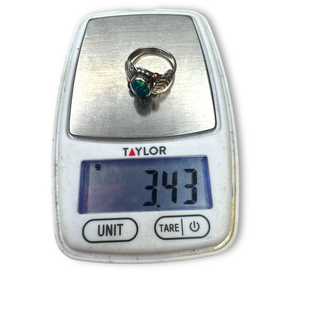 Blue Fire Opal Sterling Silver Ring Oval Bezel Leaf Design Size 7