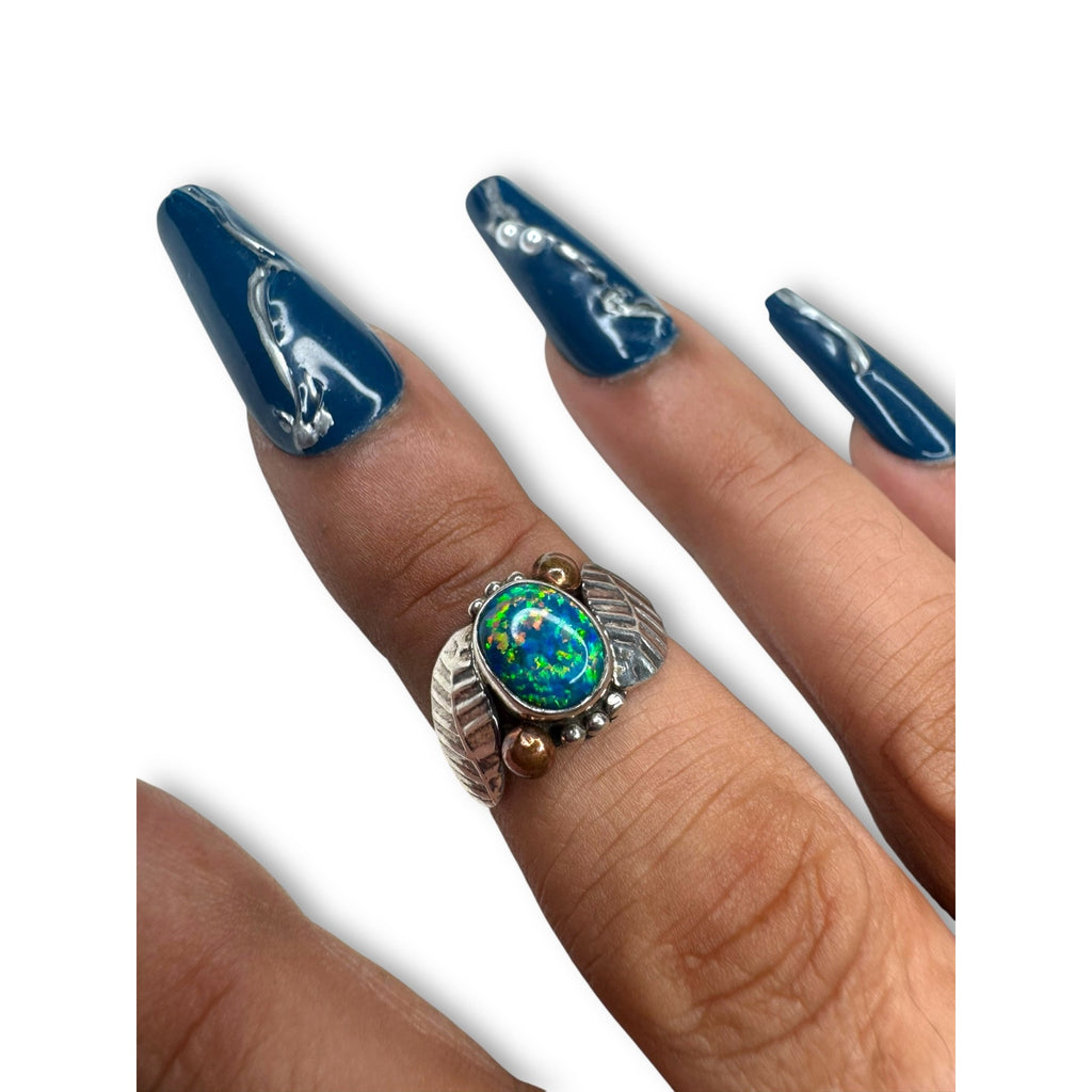 Blue Fire Opal Sterling Silver Ring Oval Bezel Leaf Design Size 7