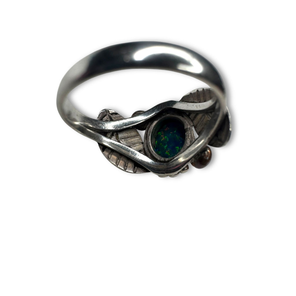 Blue Fire Opal Sterling Silver Ring Oval Bezel Leaf Design Size 7