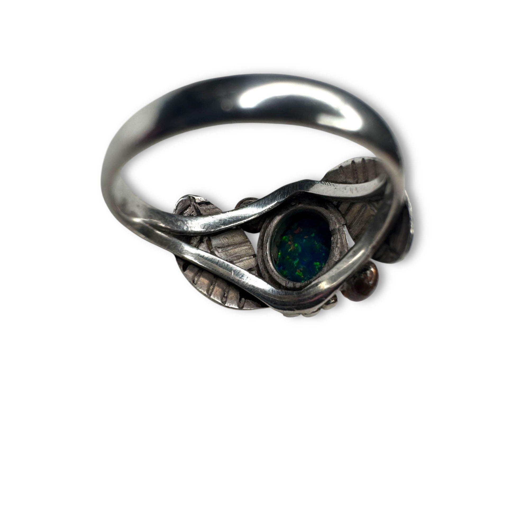 Blue Fire Opal Sterling Silver Ring Oval Bezel Leaf Design Size 7