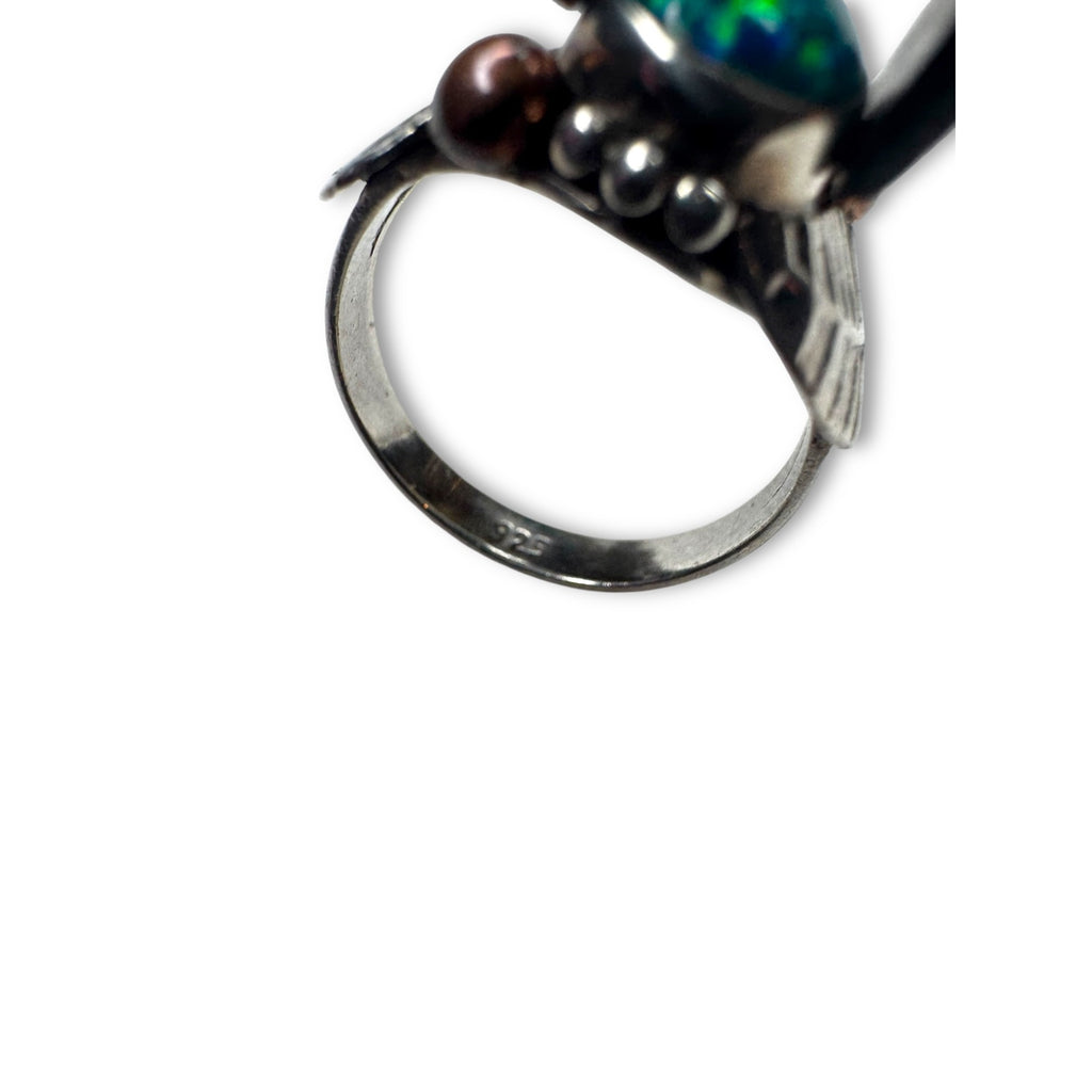 Blue Fire Opal Sterling Silver Ring Oval Bezel Leaf Design Size 7