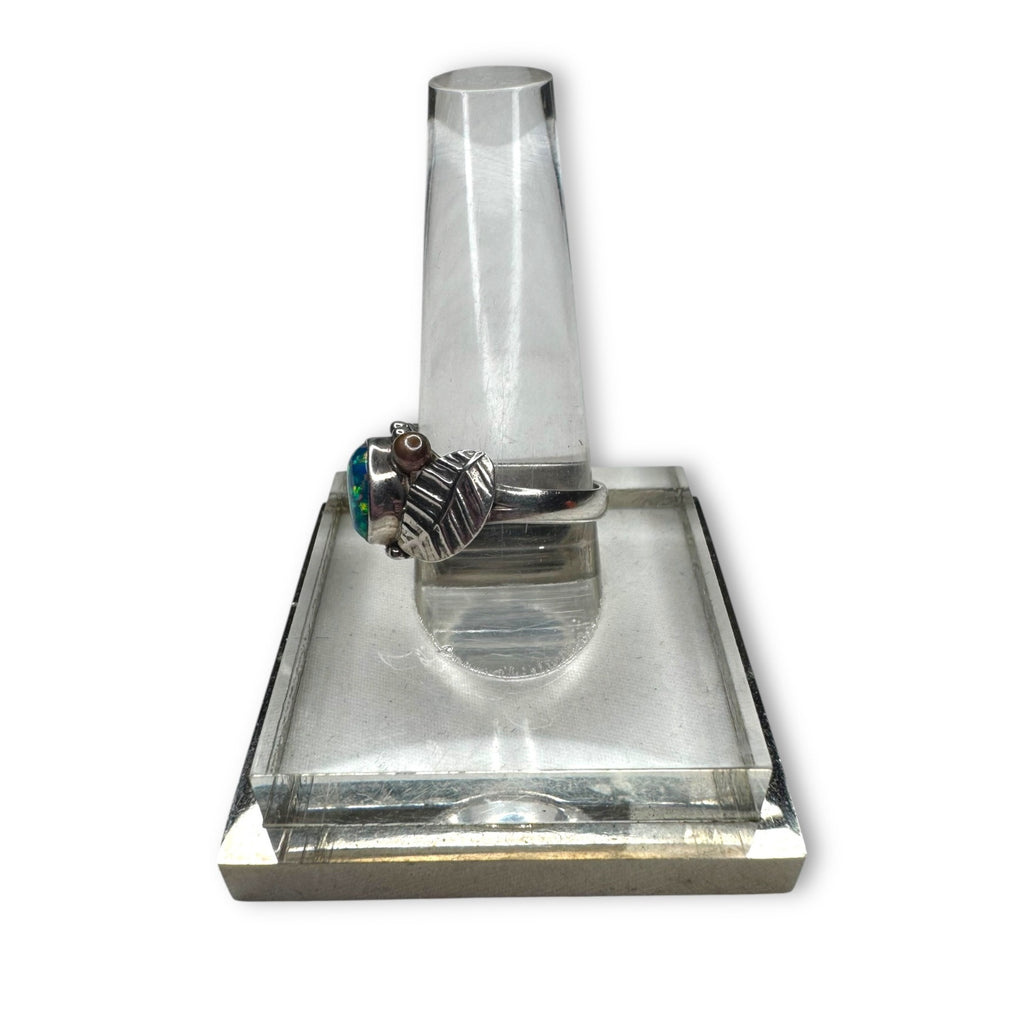 Blue Fire Opal Sterling Silver Ring Oval Bezel Leaf Design Size 7