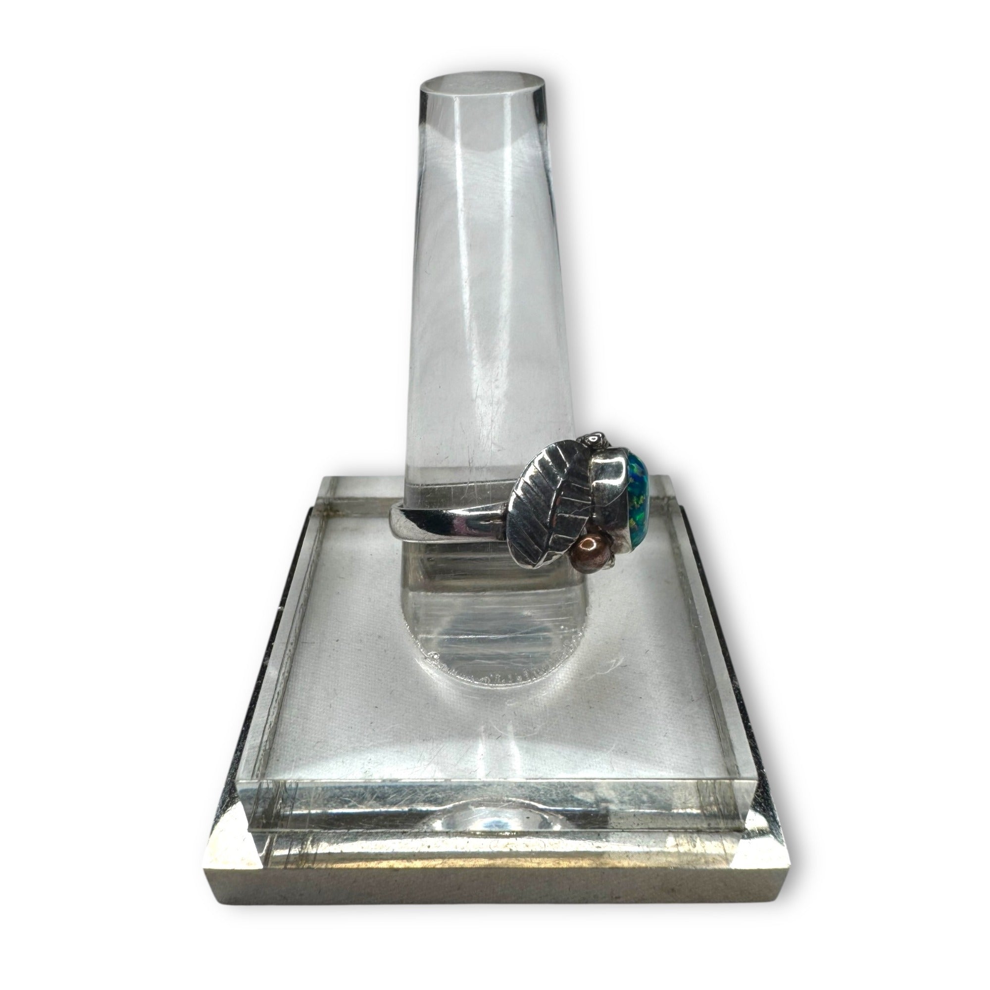 Blue Fire Opal Sterling Silver Ring Oval Bezel Leaf Design Size 7