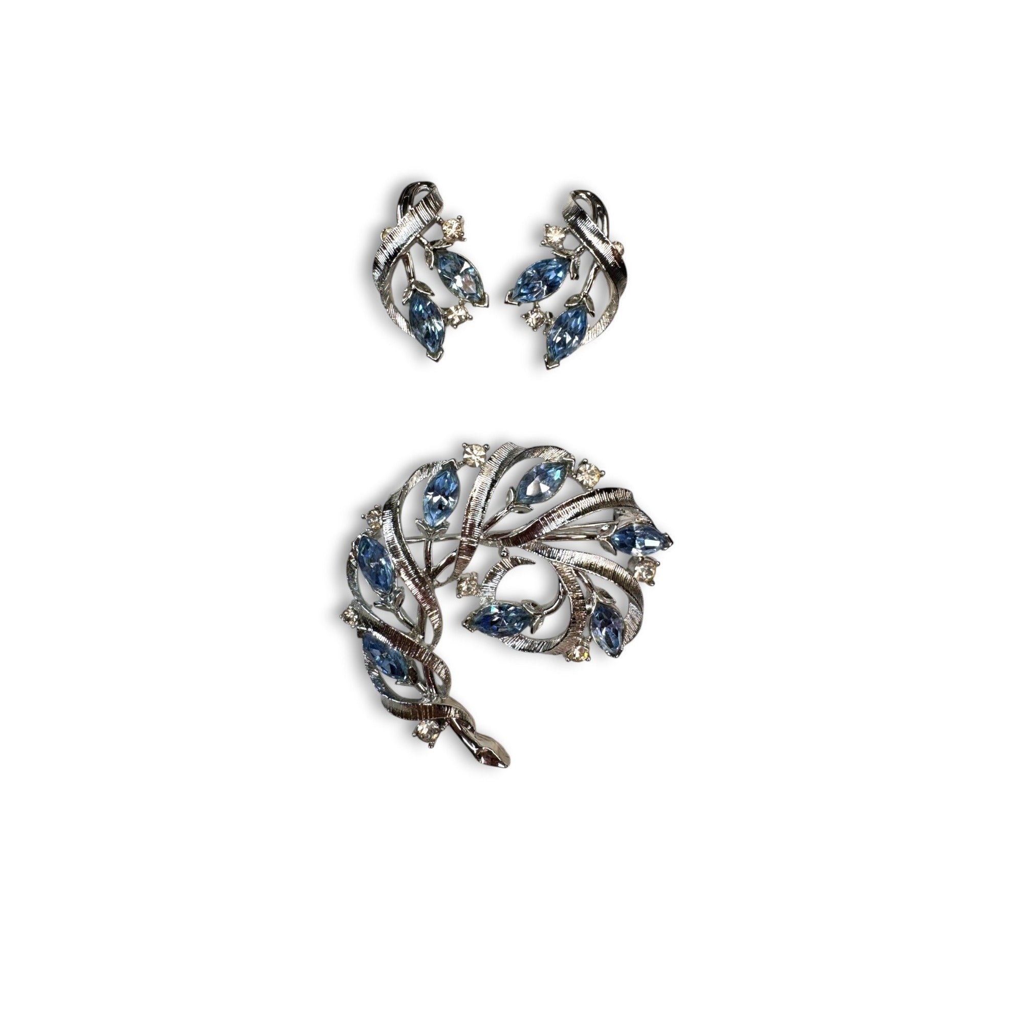 Lisner Blue Rhinestone Floral Brooch Earrings Set Silver Tone Mid Century